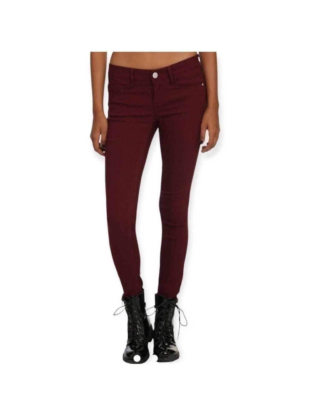 Almost Famous Mid Rise Burgundy Skinny Jeans Size 5 Junior